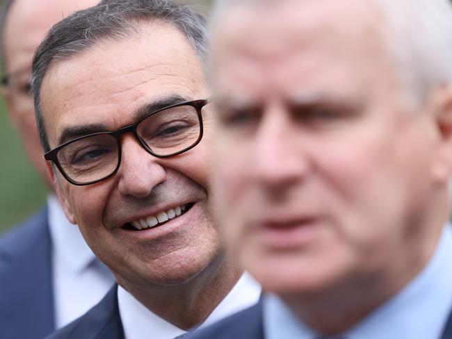 ADELAIDE, AUSTRALIA - NewsWire Photos May 17,  2021: South Australian Premier Steven Marshall looks on as Deputy Prime Minister Michael McCormack speaks to the media during a visit the Heysen tunnels in Adelaide. Picture: NCA NewsWire / David Mariuz