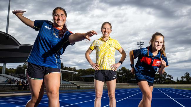 Champion SA and Australia runner Jess Stenson with discus athlete Marley Raikiwasa and runner Tessa Ebert before the championships.Picture: Tom Huntley