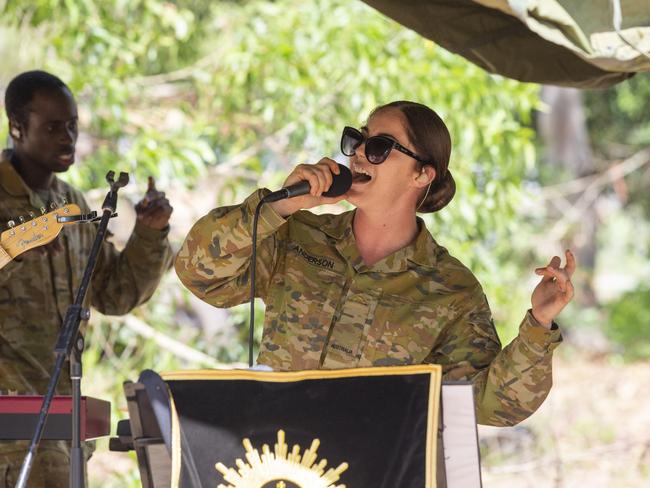 The ADF band plays at the closing ceremony of AACAP in Gapuwiyak. Picture: Floss Adams.