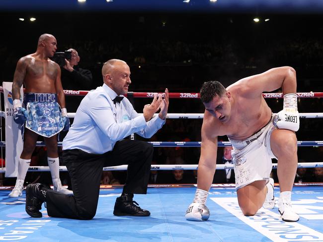 Justis Huni struggled back to his feet, but couldn't beat the count. Picture: Getty Images