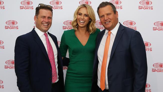 Karl Stefanovic, Sylvia Jeffreys and Tim Gilbert at an NRL season launch event. Pic Brett Costello.