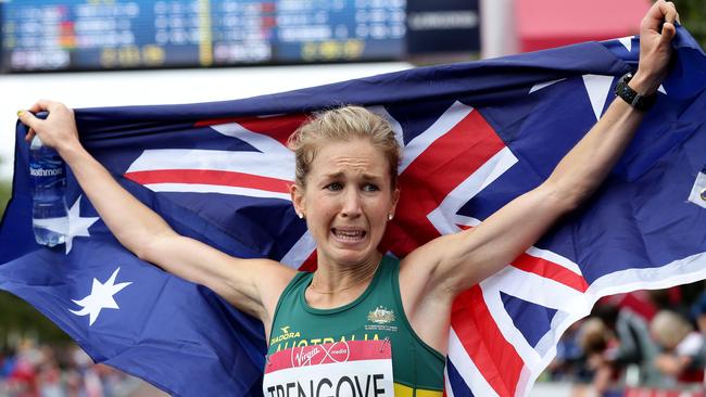 Jess Trengove overcome with emotion after winning a bronze medal in the women's marathon at the Glasgow Commonwealth Games. Picture Adam Head