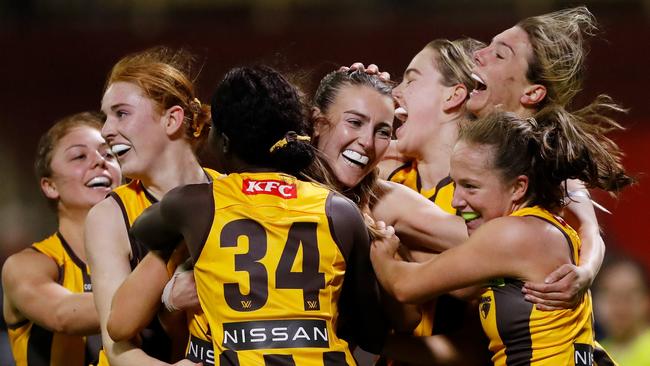 Aine McDonagh celebrates a goal with teammates against West Coast. Picture: Dylan Burns/AFL Photos via Getty Images