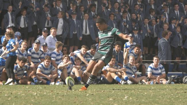 GPS Rugby 2019 - Brisbane Boys' College (BBC) vs Nudgee College (NC). BBC inside centre Lukas Ripley kicks for goal. Picture: 'The Season' Episode 7 / OnionTV