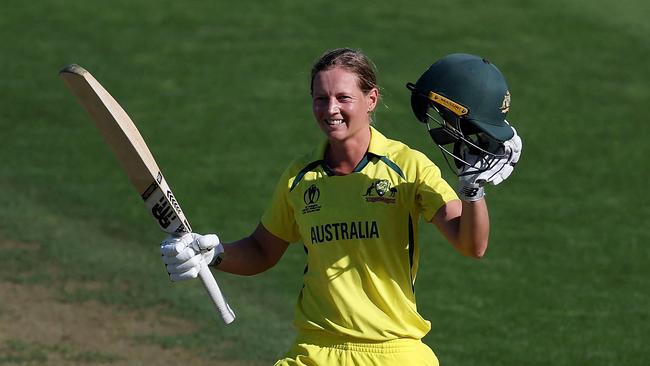 Meg Lanning celebrates reaching her century. Picture: Marty Melville/AFP