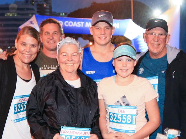 Jarrod and Kendra Cooper, Kennedee and Cooper (kids), Jennie and Bruce (grandparents) have a photo taken prior to competing in the Southern Cross University 10 kilometre Fun Run. Pics Tim Marsden