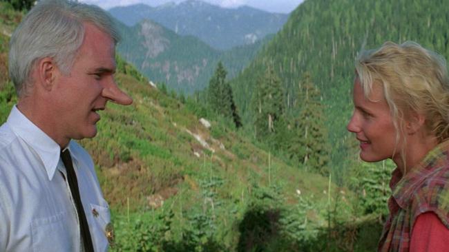 Steve Martin and Daryl Hannah in scene from film <i>Roxanne</i>.