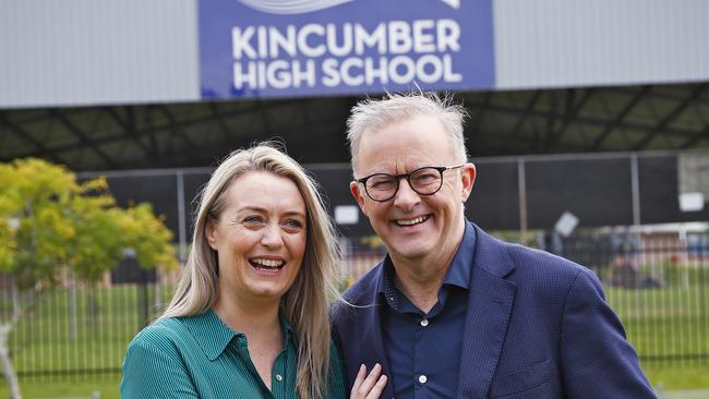 Anthony Albanese and his partner Jodie Haydon outside her Kincumber High School. Picture: Sam Ruttyn.