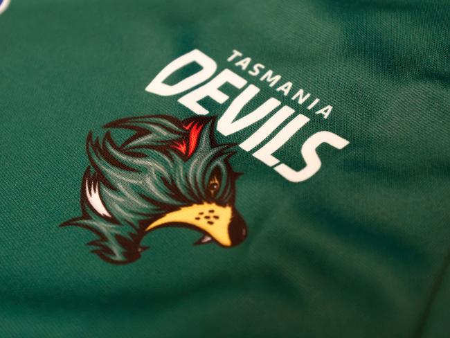 DEVONPORT, AUSTRALIA - MARCH 18: The Tasmania Devils inaugural jumper is seen during the Tasmania Football Club Launch at Paranaple Convention Centre on March 18, 2024 in Devonport, Australia. (Photo by Michael Willson/AFL Photos via Getty Images)