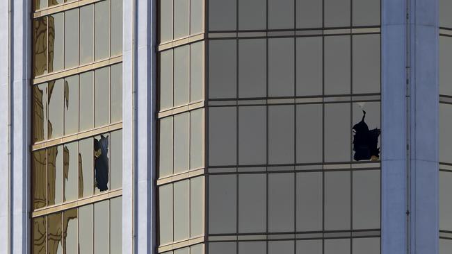 The damaged windows on the 32nd floor room that was used by the shooter in the Mandalay Hotel. Picture: AFP