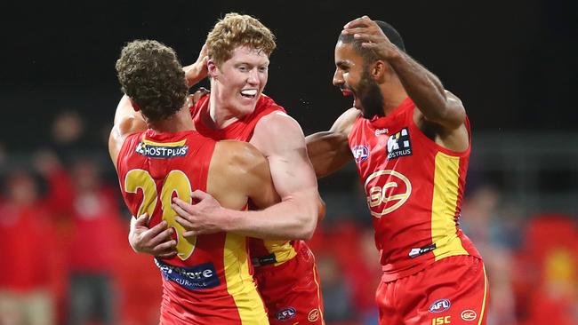 First year Sun and early Brownlow Medal favourite Matthew Rowell celebrates a goal against the Fremantle Dockers last week. Picture: Chris Hyde/Getty Images.