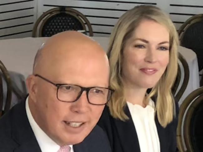 Federal Opposition leader Peter Dutton (centre) with the Liberal candidate for Mackellar, James Brown, and Liberal candidate for Warringah, Jaimee Rogers, at a meet the voters roundtable held at the Stella Blu Italian restaurant in Dee Why on Wednesday, November 4, 2024.