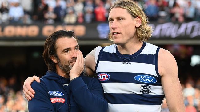 Chris Scott and Mark Blicavs after last year’s premiership. Picture: Getty Images