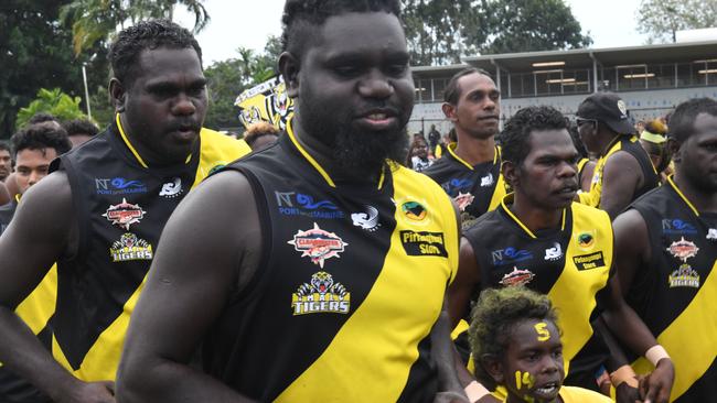 Tigers roar through banner for Tiwi Grandfinal 2022. Picture: (A)manda Parkinson