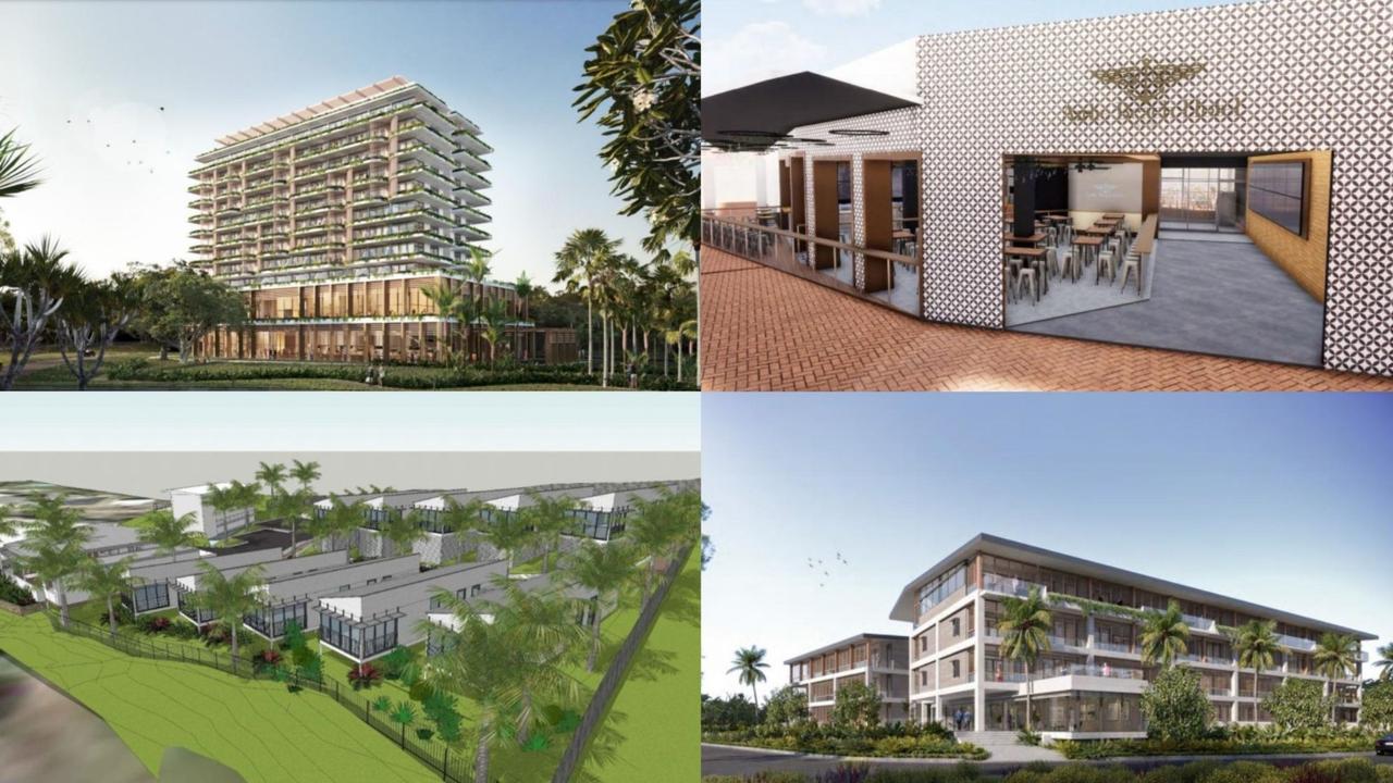 There are several developments on the cards for the Whitsundays. (Clockwise from top, left) Plans for a luxury hotel at Port of Airlie, expansions to the Airlie Beach Hotel, drawings of a second luxury hotel at Port of Airlie, plans for a 10-bungalow holiday park near the Airlie Beach lagoon. Pictures: Supplied.