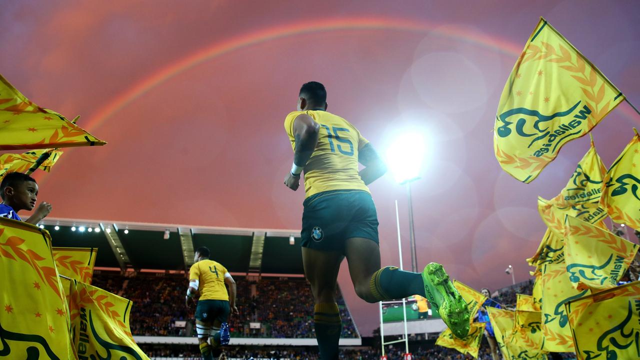 Israel Folau of the Wallabies runs onto the field during The Rugby Championship.