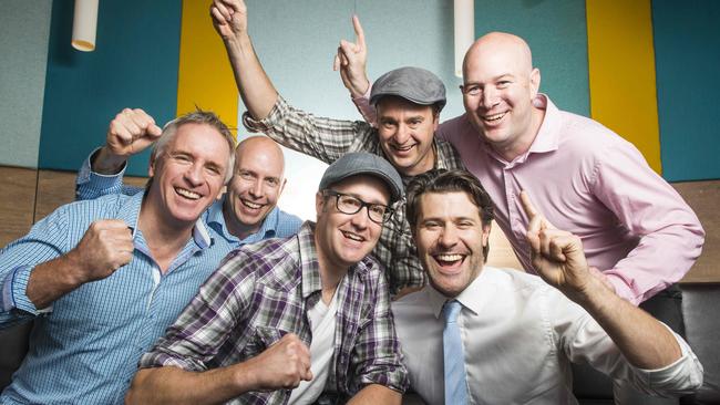 Melbourne Cup rage to riches. Mates (l to r) Mike Botting, Greg Williams, Sam Brown, Scott Jenke, Adrian Brown and Tim Ashdod, who co-own Prince of Penzance who will race in the 2015 Melbourne Cup. The group of six can't believe their luck after they decided to try their hand at racehorse ownership over a few beers five years ago, now stand on the brink of a fairytale. Picture: Eugene Hyland