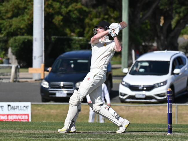 St Joseph's batter Andy Vine hits a six against Highton. Picture: Wes Cusworth