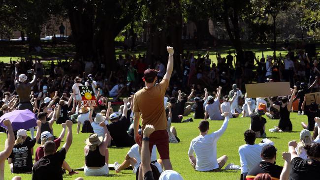 People gather at an organised Australia Day protest at The Domain in Sydney. Picture: Richard Dobson