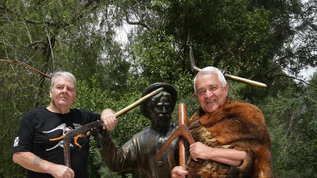 John Batman Weire and Murrundindi with statue of legendary Aboriginal leader Barak at Healesville Sanctuary. Picture: Andrew Tauber