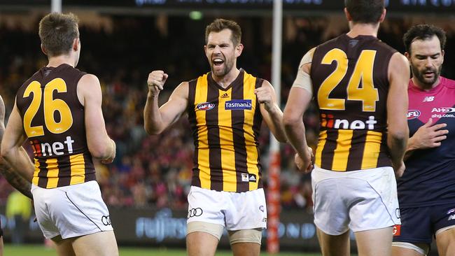 Luke Hodge celebrates on the final siren. Picture: Michael Klein