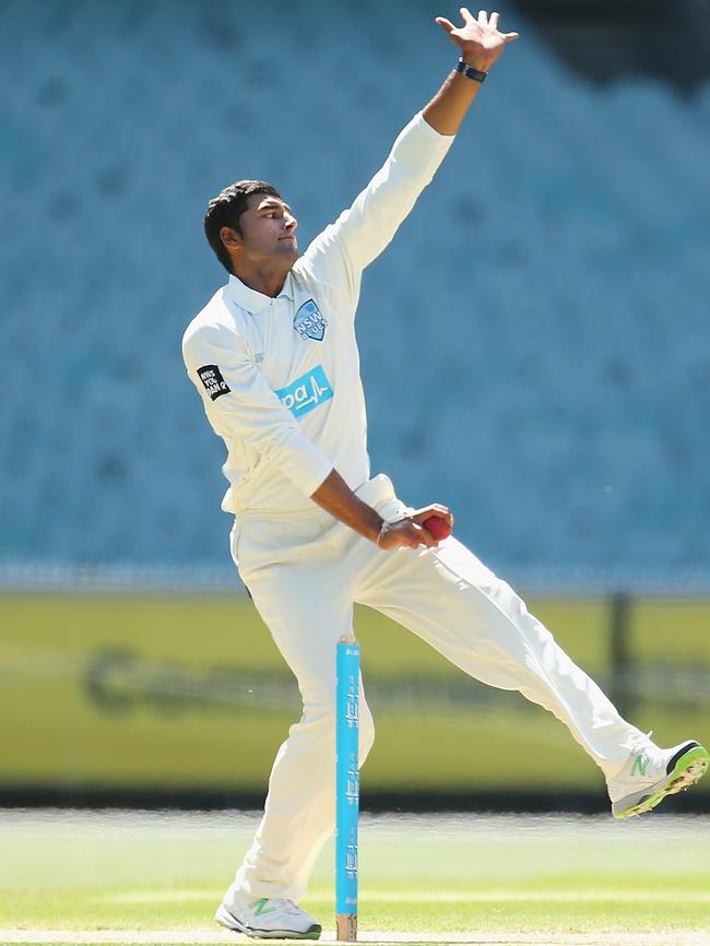 Gurinder Sandhu of NSW bowls during day three of the Sheffield Shield match between Victoria and New South Wales at the Melbourne Cricket Ground earlier this month. Picture: Scott Barbour/Getty Images.