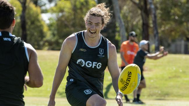 Wylie Buzza was all smiles at his first Port Adelaide training session at Grange Oval. Picture: Brad Fleet