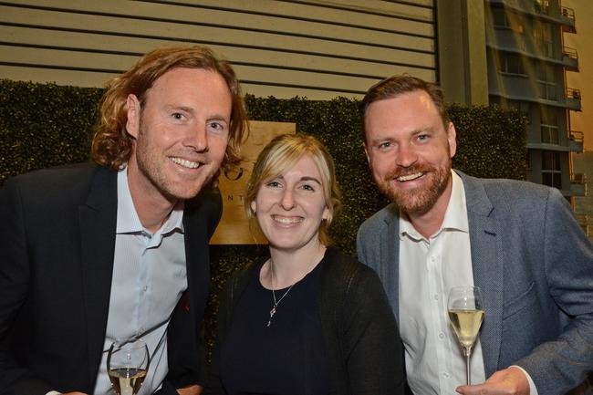 Chris Cameron, Morgan Reid, Luke Berrigan at launch of display for Sunland’s Magnoli apartments, Nerang. Picture: Regina King