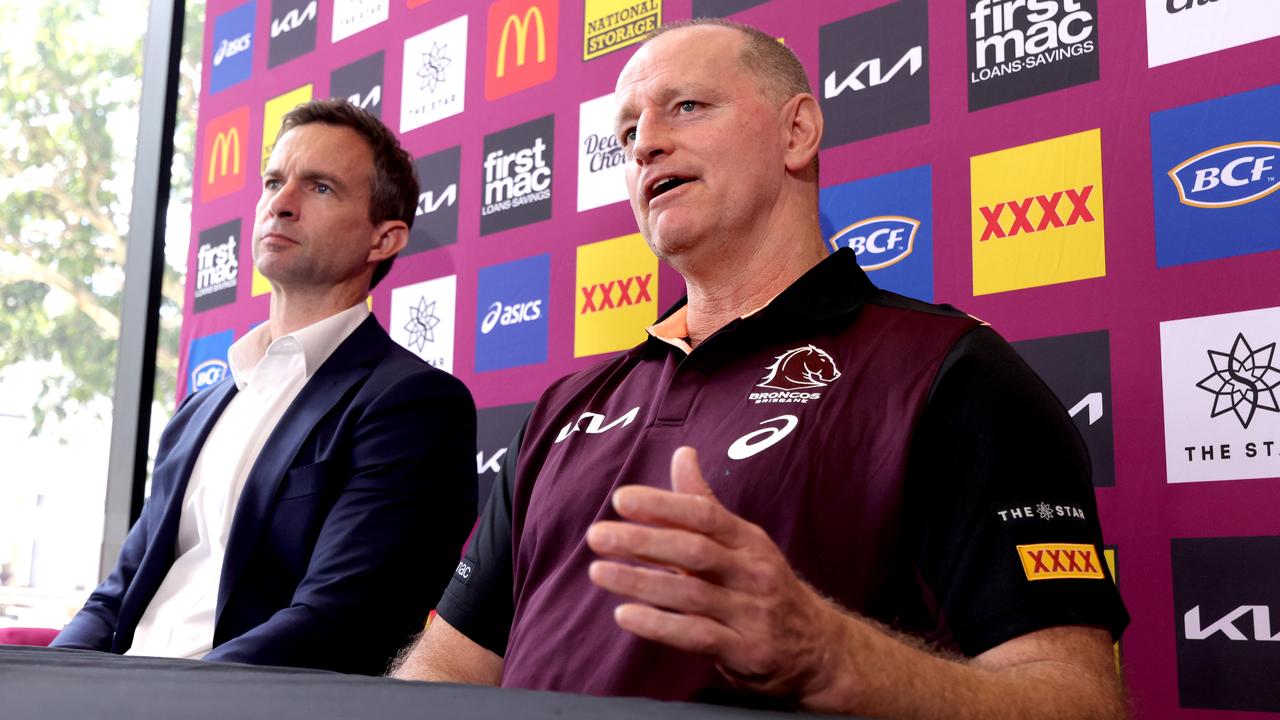 Michael Maguire with Broncos CEO Dave Donaghy. Photo Steve Pohlner.