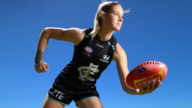 Carlton's gun AFLW recruit Tayla Harris has moved from Brisbane and is determined to make a big splash in footy's biggest territory. Picture: Alex Coppel