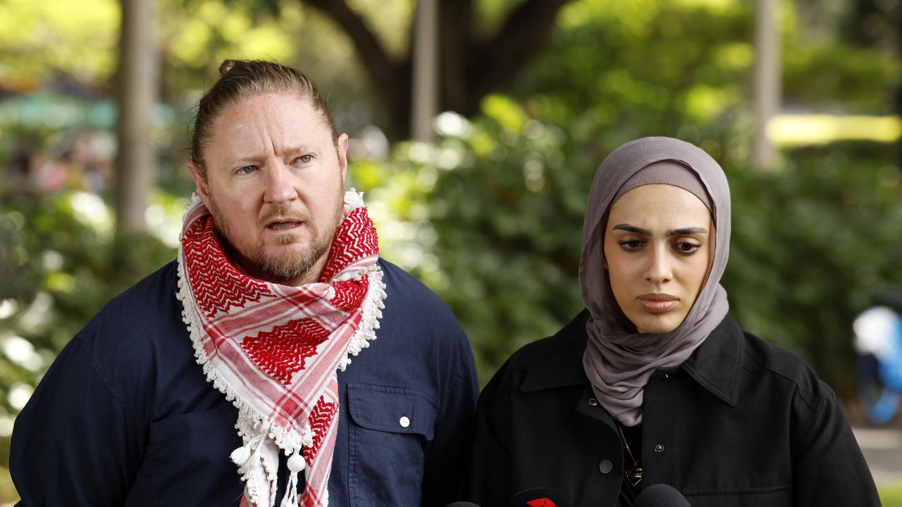 Josh Lees and Amal Naser address the media in Hyde Park in Sydney. Picture: Jonathan Ng