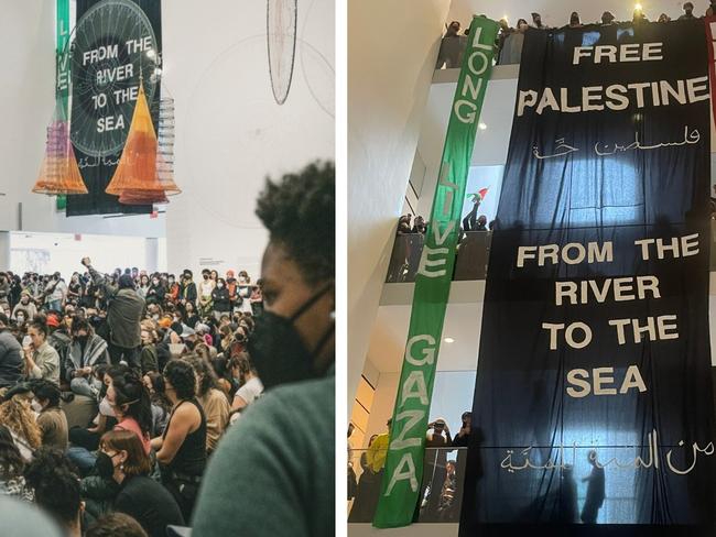 Hundreds of demonstrators then staged a sit-in in the gallery’s atrium space, chanting “Free, Free, Palestine,”