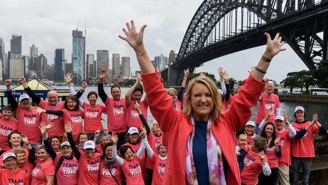 New North Sydney independent MP Kylea Tink celebrates with her supporters on Sydney Harbour on Monday. Picture: AAP