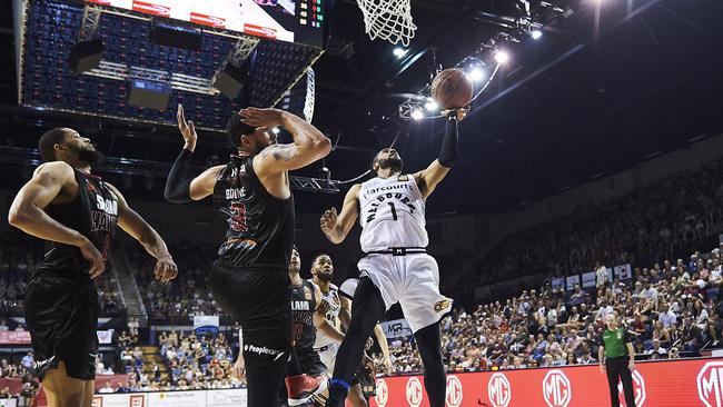 Melbourne United’s Melo Trimble drives to the basket.