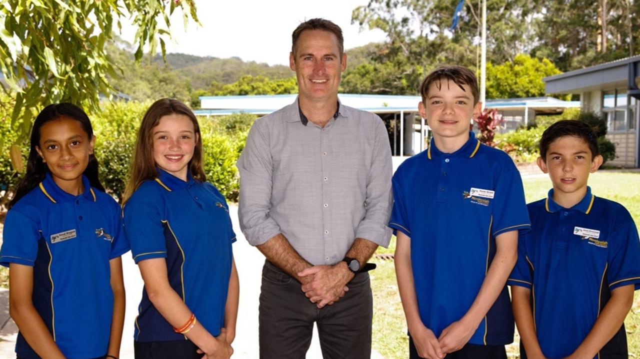 Mooloolah State School captains Kanak Bhagwat, Maddison Cork, Principal Michael Forrest, Xavier Bridal and Jesse Ainscough.