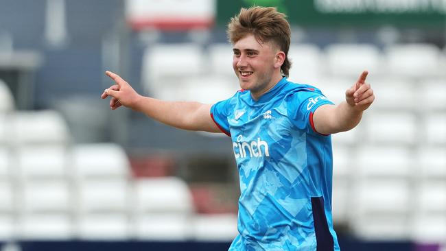 CHELMSFORD, ENGLAND - JUNE 28:  Noah Thain of England celebrates after taking the wicket of Gayana Weerasinghe during the 1st Youth ODI match between England U19's and Sri Lanka U19's at the Cloud County Ground on June 28, 2024 in Chelmsford, England. (Photo by David Rogers - ECB/ECB via Getty Images)