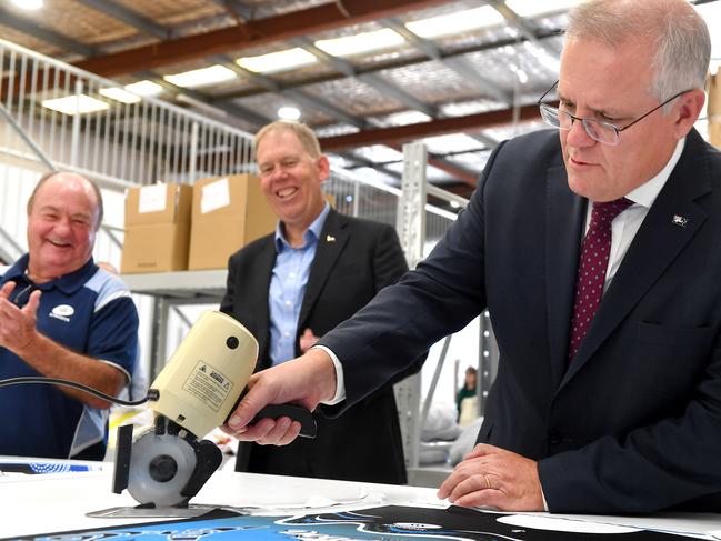 Scott Morrison on a visit to Struddys garment manufacturers. Picture: NCA NewsWire / John Gass