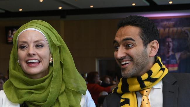 What, me Waleed? The Mocker takes aim at sanctimonious lecturers on gun control, such as Waleed Aly, seen here with his wife, Susan Carland. Picture: Getty