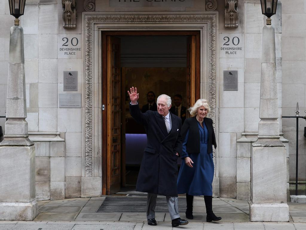 Britain's King Charles III with wife Queen Camilla leaving a London Clinic in late January, after His Majesty received treatment for an enlarged prostate. Picture: Daniel Leal/AFP