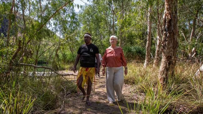 Traditional owner and Wurrkbarbar clan senior man Joshua Hunter with NT Local Court chief judge Elizabeth Morris at the Gunlom Falls sacred site hearing on Jawoyn Country, on October 22. Picture: Zizi Averill