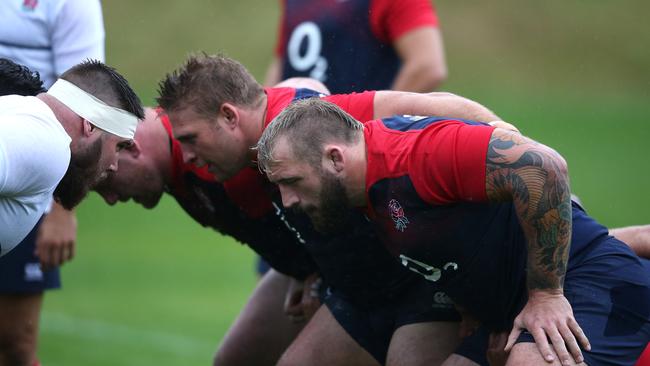 The England front row (R-L) Joe Marler, Tom Youngs and Dan Cole will attempt to bully the Wallabies.