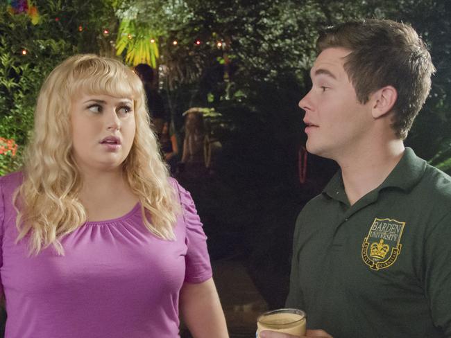 Celebs ... Rebel Wilson and Adam Devine in a scene from Pitch Perfect 2. Picture: Supplied