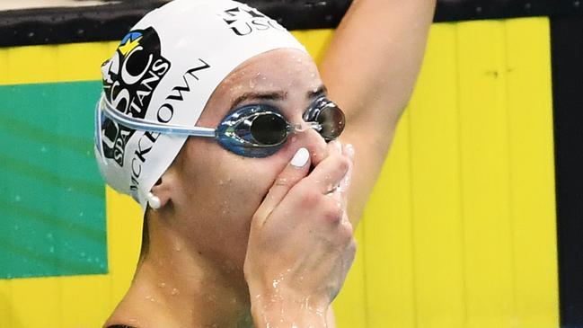 Kaylee McKeown reacts after smashing the 100m backstroke world record. Picture: Mark Brake/Getty Images