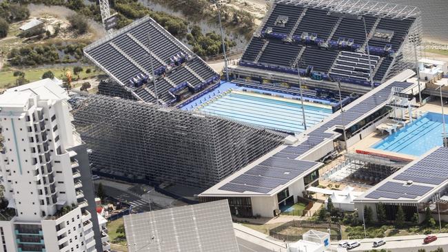 The Gold Coast Aquatic Centre, at Southport, has been turned into an outdoor showpiece with grandstand seating for 12,500 people. Picture: B1gr1g Photographics.