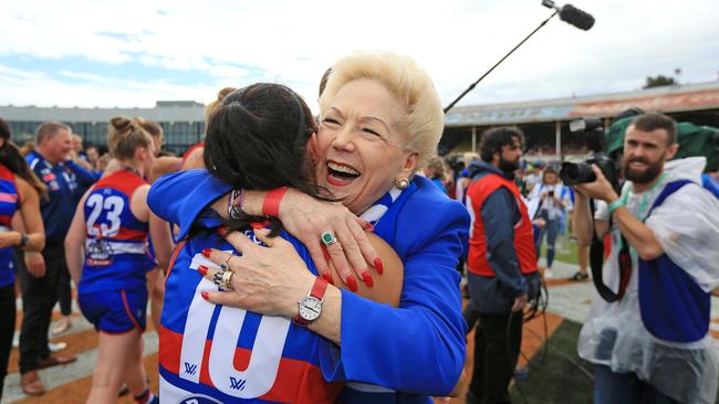 Susan Alberti and Kate Brennan celebrate the AFLW 2018 Grand Final win. Picture: Mark Stewart