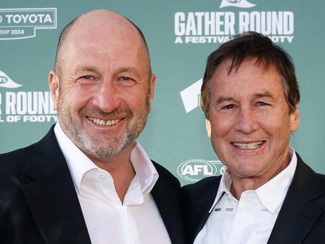 ADELAIDE, AUSTRALIA - APRIL 03: Jeff Browne and Craig Kelly pose for a photo before the 2024 AFL Gather Round Welcome Dinner Event at Glenelg Foreshore on April 03, 2024 in Adelaide, Australia. (Photo by Dylan Burns/AFL Photos via Getty Images)
