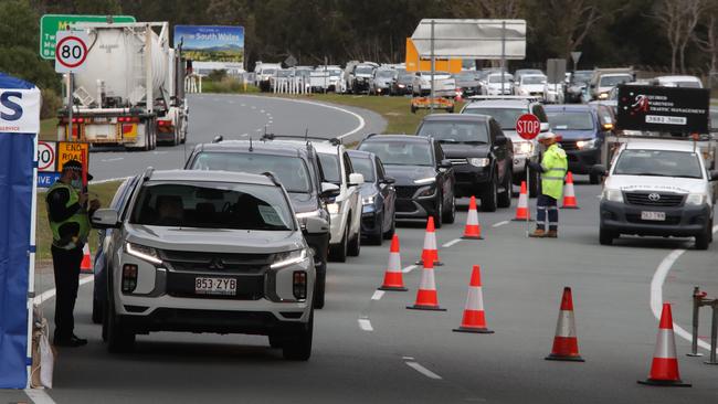 The hard border and long Queues return to the Qld NSW border on the Gold Coast. Long Queues on the Gold Coast highway at Coolangatta. Picture Glenn Hampson