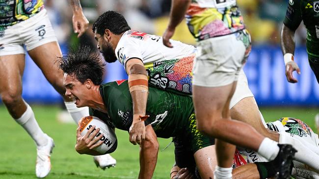 Jack Howarth of the Maori All-Stars is tackled during the NRL All-Stars match. Picture: Ian Hitchcock/Getty Images.