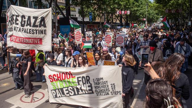 Young children at the school strike in support of the Palestinian cause in Melbourne on Thursday. Picture: NCA Newswire / Nicki Connolly