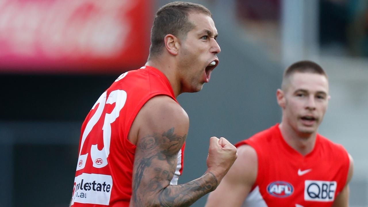 Lance Franklin celebrates a goal during the Swans’ impressive win against Hawthorn at UTAS Stadium. Picture: Michael Willson/AFL Photos via Getty Images